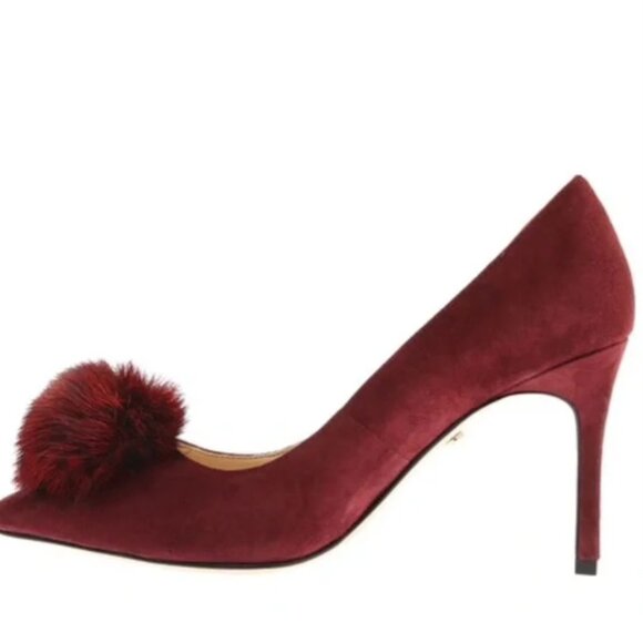 Charles David Suede Duchess Heels w/ Fluffy Pom Accent - Cabernet - $229 NWT! - Picture 3 of 4